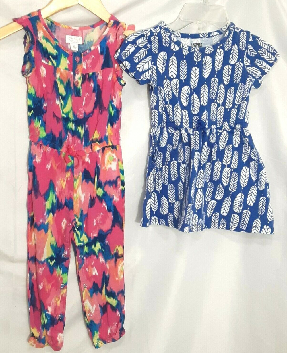2 Piece Lot Bright Multicolor Pant Romper & Blue - White Dress Toddler Size 3T